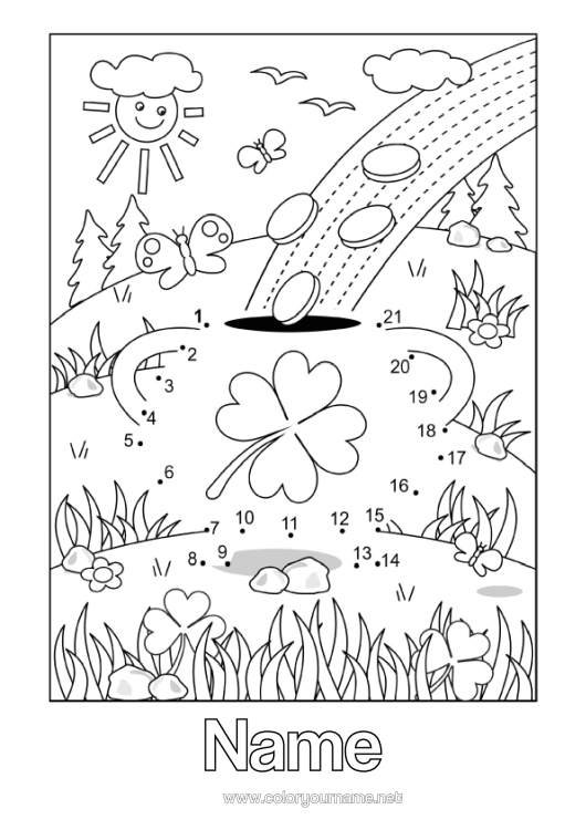 Colouring page to print Magic Cauldron Figure Children's Activities Clover St Patrick's Day Rainbow Rooms Connect The Numbers
