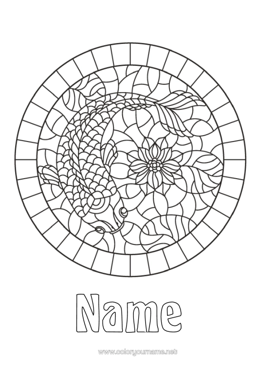 Colouring page to print Animal Koi Carp Fish Fortune Marine Or Aquatic Animals Mosaics