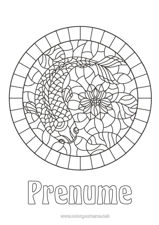 Pagină de colorat de imprimat Animal Carp Koi Pește Șansă Animale marine sau acvatice Mozaicuri