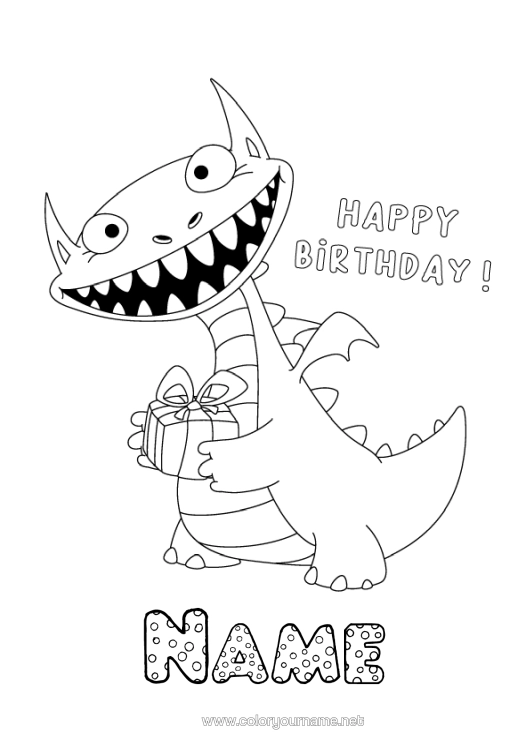 Colouring page to print Gifts Birthday Dragon Dragons, Unicorns, And Fantastical Creatures