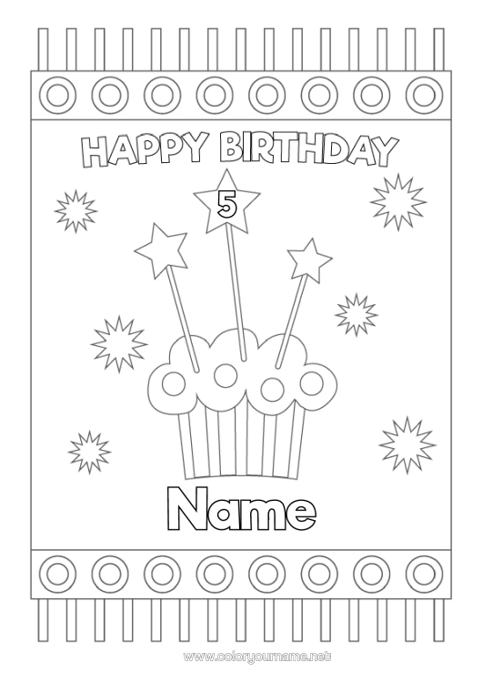 Colouring page to print Cake Birthday Stars Happy Birthday Message Customisable Age Celebrated