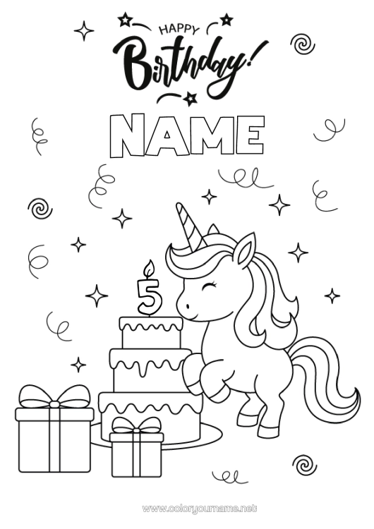 Colouring page to print Cake Gifts Birthday Cute Unicorn Animal Happy Birthday Message Customisable Age Celebrated Dragons, Unicorns, And Fantastical Creatures