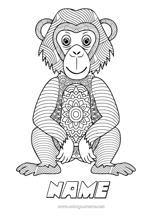 Colouring page to print Mandala Animal Monkey Zentangle Wild Animals Of Africa