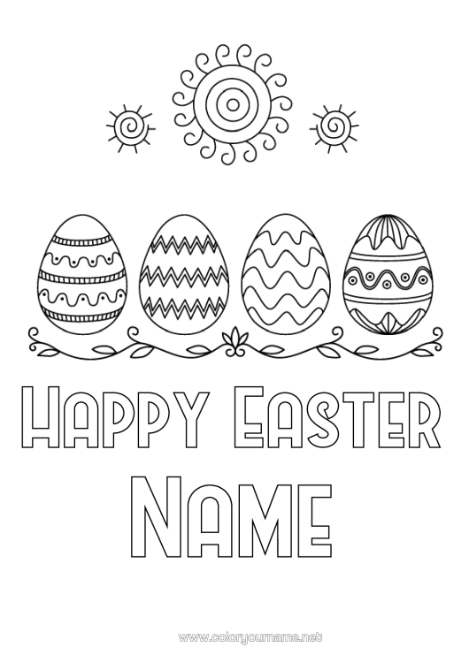 Colouring page to print Sun Easter Eggs Easter "Happy Easter" Message Easter Painted Eggs