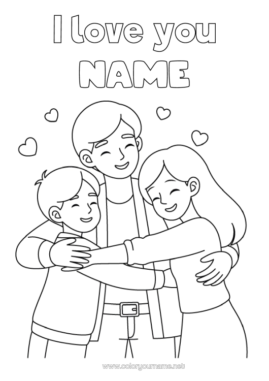 Colouring page to print Dad Girl Boy Child "I Love You" Family Hug