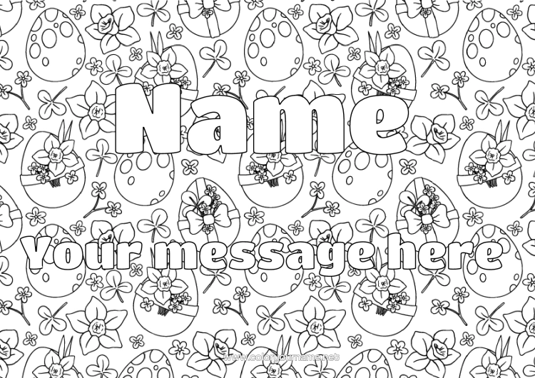 Colouring page to print Flowers Spring Decorated Name Easter Eggs Easter Daffodils Decorative Background