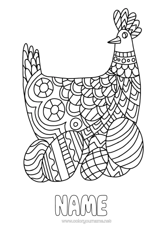 Colouring page to print Hen Animal Easter Eggs Easter Zentangle Farm Animals