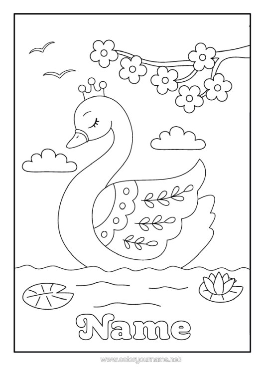 Colouring page to print Spring Animal Crown Swan Birds And Flying Mammals Cherry Tree