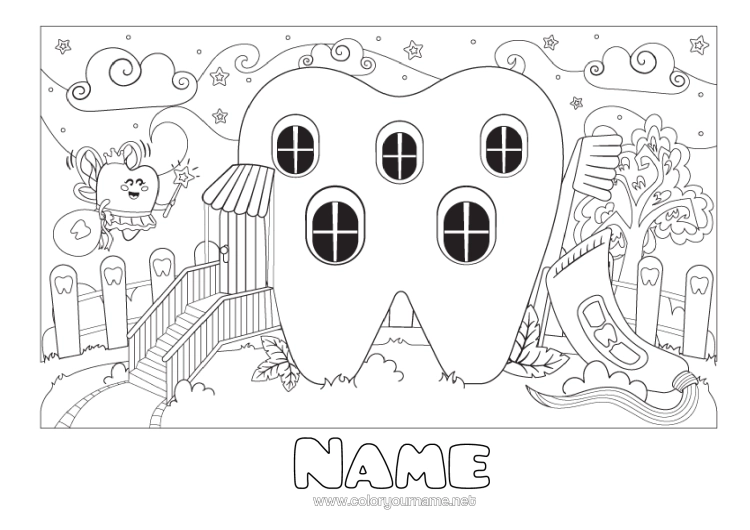 Colouring page to print Milk Tooth Tooth Fairy House Health Professions Dentist