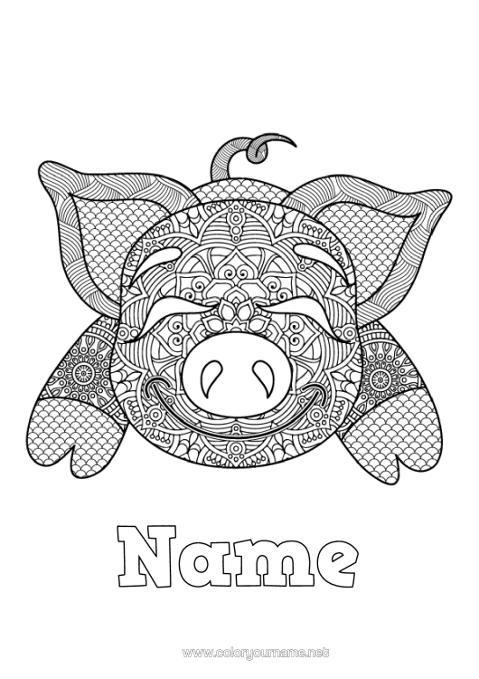 Colouring page to print Pig Animal Complex Colouring Pages Zentangle Farm Animals