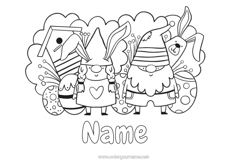 Colouring page to print Spring Rabbit Gnome Easter Eggs Easter Birds And Flying Mammals Forest Animals Birdhouse