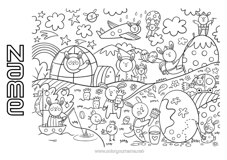 Colouring page to print Rabbit Easter Eggs Easter Forest Animals
