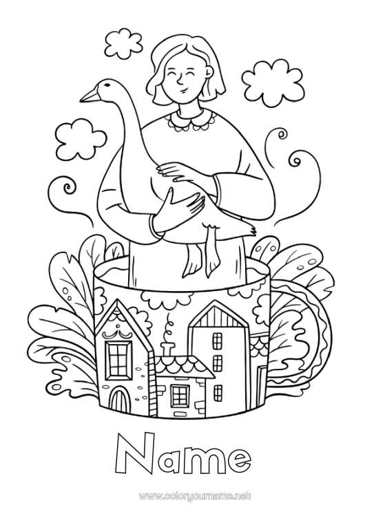 Colouring page to print Girl Mug Fairy Tale Drink Birds And Flying Mammals Goose