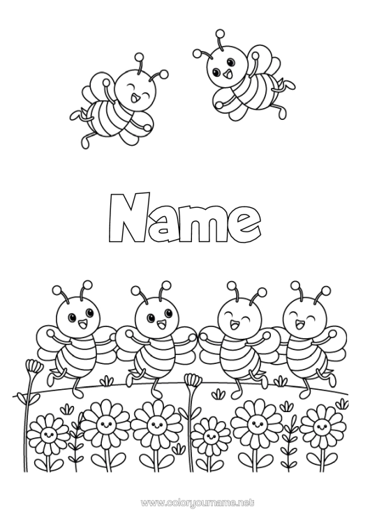 Colouring page to print Flowers Spring Animal Bee Insects