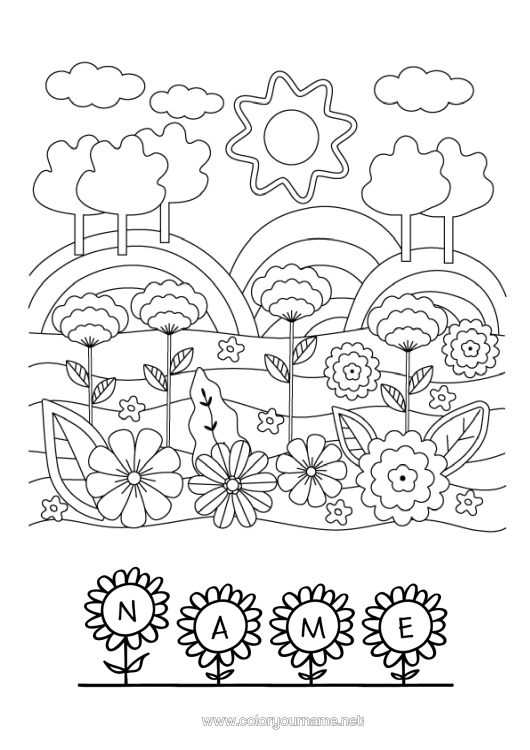 Colouring page to print Flowers Spring Sun