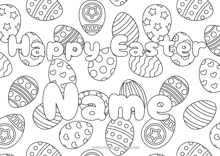 Colouring page to print Decorated Name Easter Eggs Easter "Happy Easter" Message Decorative Background