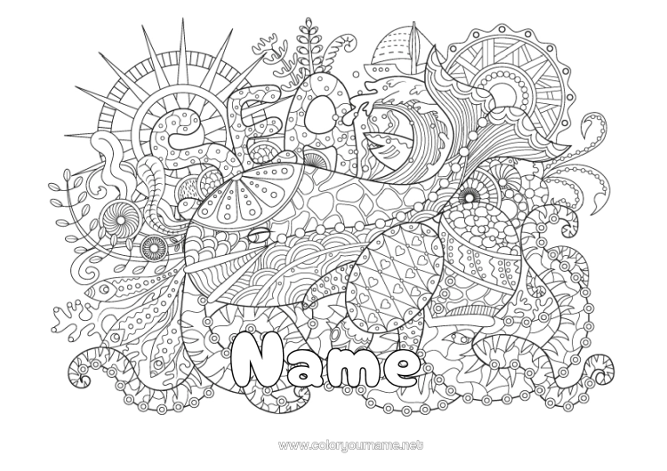 Colouring page to print Whale Sea Vehicles Animal Boat Symbols Zentangle Marine Or Aquatic Animals Marine Vehicles Octopus