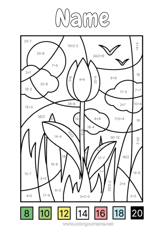 Colouring page to print Flowers Magic Colouring Books Children's Activities Subtractions Multiplications Additions Tulip