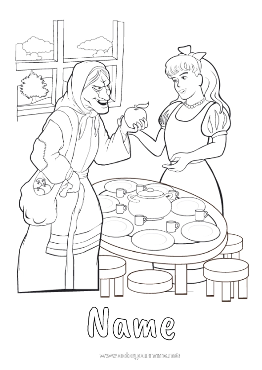 Colouring page to print Witch Princess Fairy Tale Fruit Apple Famous Princess Children's Tales Snow White