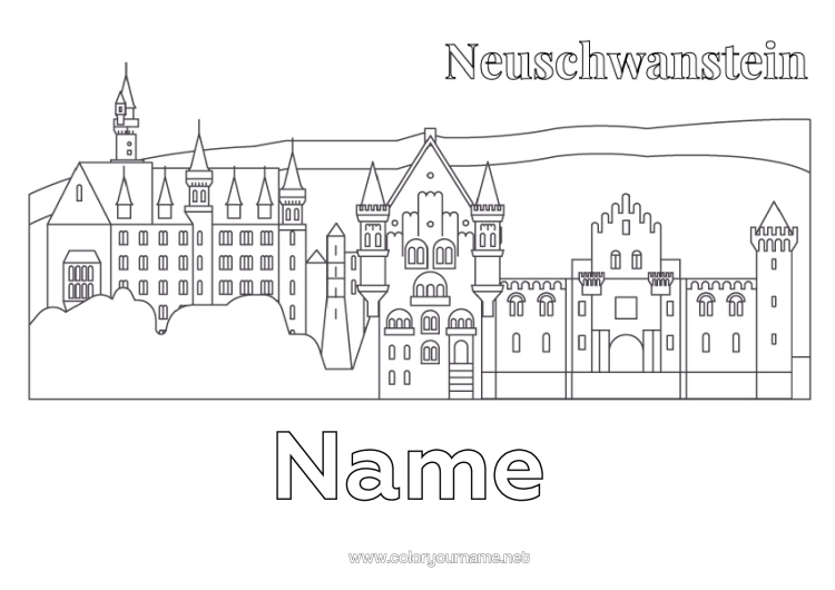 Colouring page to print Castle Monument Germany Neuschwanstein Castle
