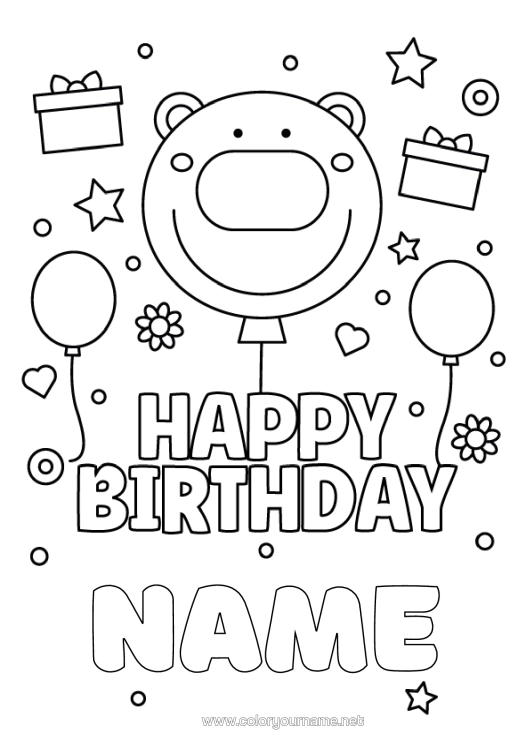Colouring page to print Bear Gifts Birthday Balloons Animal Easy Colouring Pages Happy Birthday Message Forest Animals