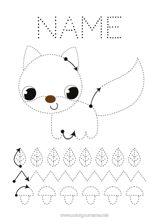 Colouring page to print Autumn Fox Children's Activities Animal Mushroom Easy Colouring Pages Trace And Colour. Forest Animals Nursery Graphic Sheet
