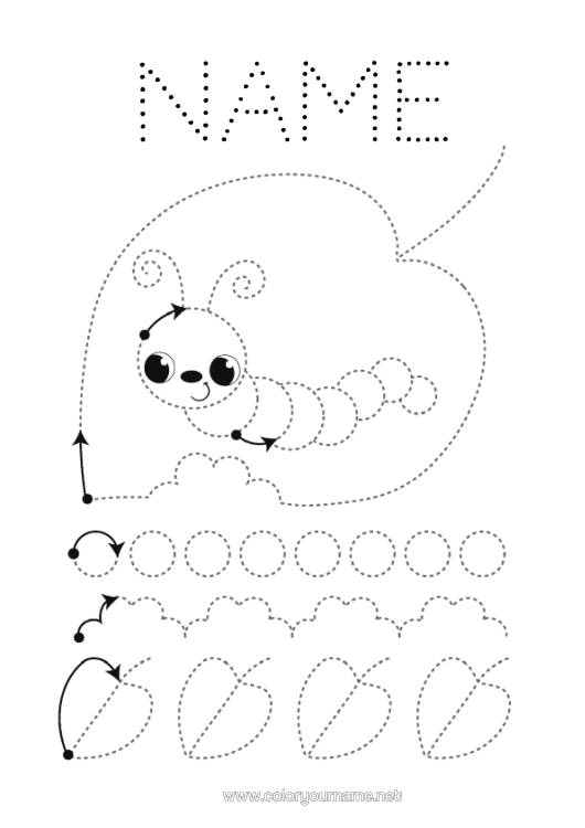Colouring page to print Spring Animal Leaves Easy Colouring Pages Trace And Colour. Insects Caterpillar Nursery Graphic Sheet