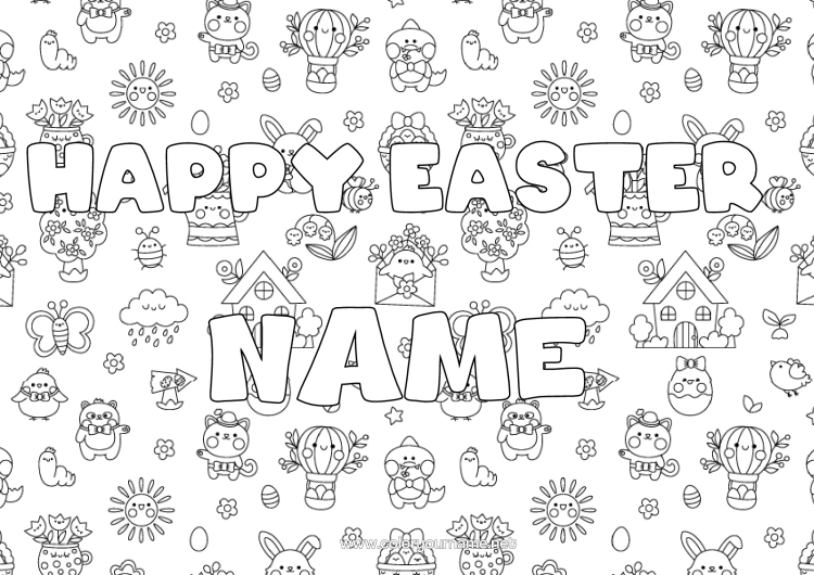 Colouring page to print Decorated Name Easter Eggs Easter "Happy Easter" Message Decorative Background
