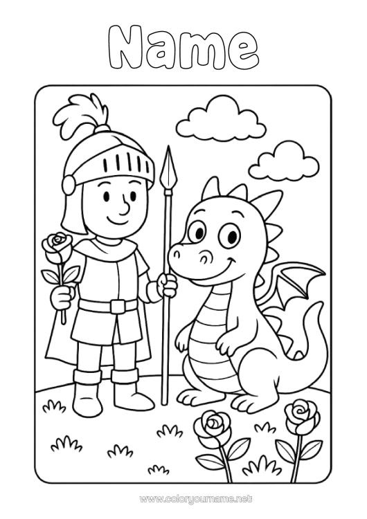Colouring page to print Dragon Spain Rose Knight Book Dragons, Unicorns, And Fantastical Creatures Saint George Reading