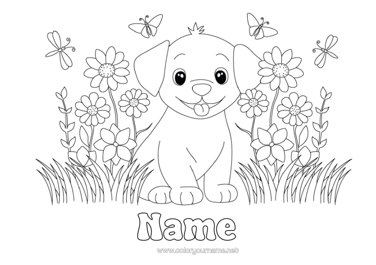 Colouring page to print Flowers Dog Spring Animal Dogs And Cats