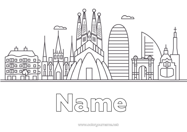 Colouring page to print Spain Cityscape Monument Barcelona City Of The World Skyline