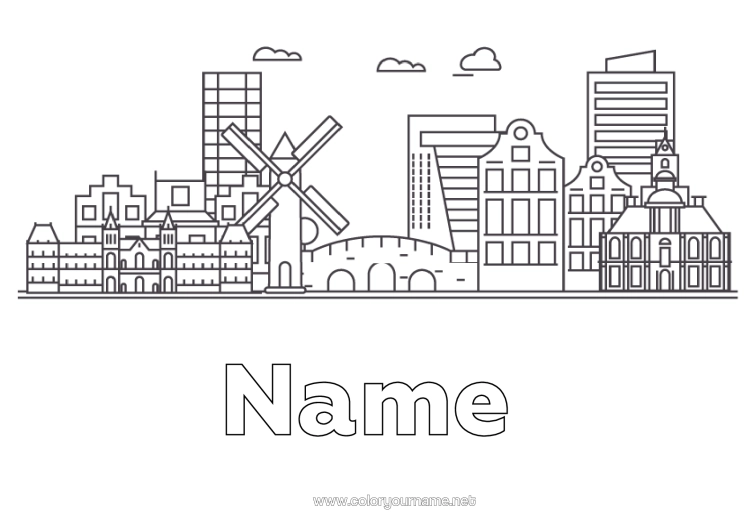 Colouring page to print Monument Netherlands City Of The World Skyline