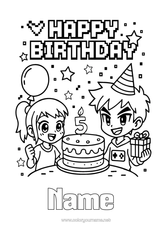Colouring page to print Cake Birthday Customisable Age Celebrated Video Game