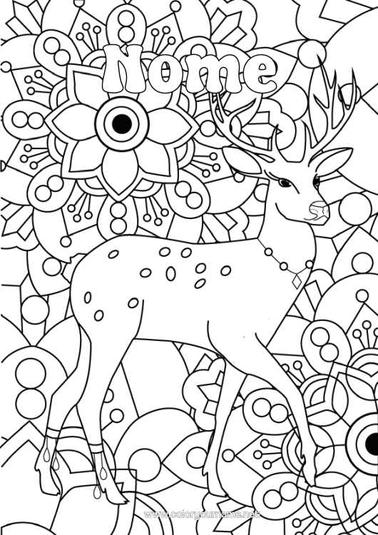 Pagina da colorare da stampare Fiori Animale Colorazioni complesse Zentangle Animali della foresta Cervo
