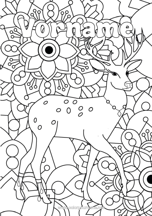 Malvorlage zum Ausdrucken Blumen Tier Komplexe Ausmalbilder Zentangle Waldtiere Hirsch