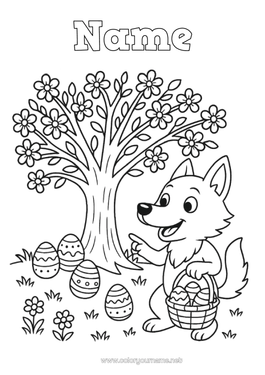 Coloring page to print Wolf Easter eggs Easter Tree Forest animals Cherry tree