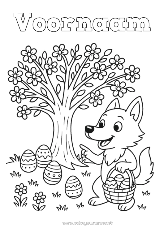Kleurplaat om af te drukken Wolf Paaseieren Pasen Boom Bosdieren Kersenboom