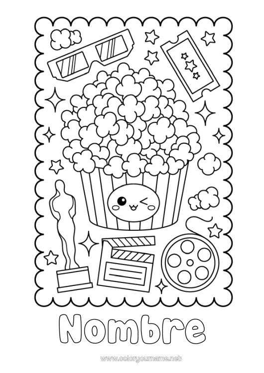 Dibujo para colorear para imprimir Cine Palomitas de maíz Golosinas Boleto, entrada
