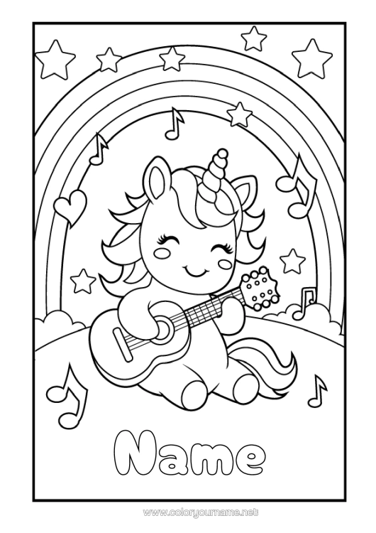 Colouring page to print Unicorn Animal Rainbow Dragons, Unicorns, And Fantastical Creatures Guitar Musical Instruments