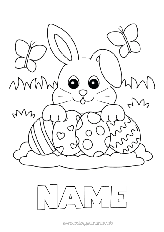 Colouring page to print Rabbit Butterfly Animal Easter Eggs Easter Easy Colouring Pages Insects Forest Animals