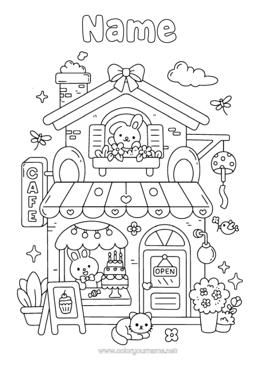 Colouring page to print Cute Cute Rabbit Café Drink House Forest Animals Shop