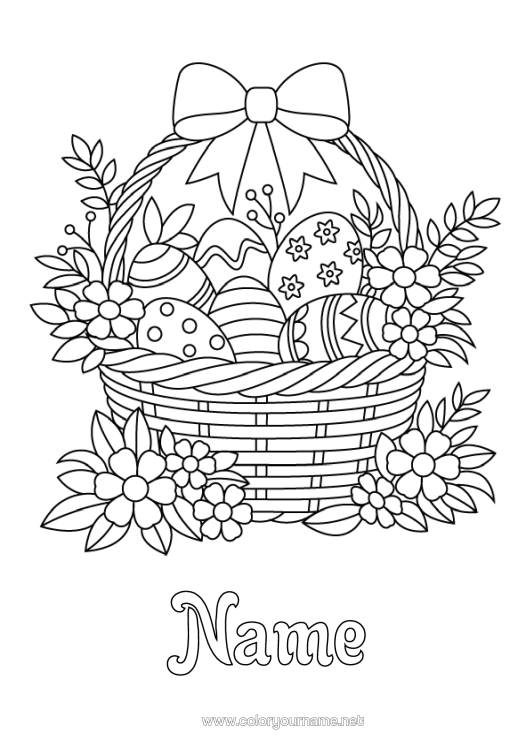 Colouring page to print Flowers Easter Eggs Basket