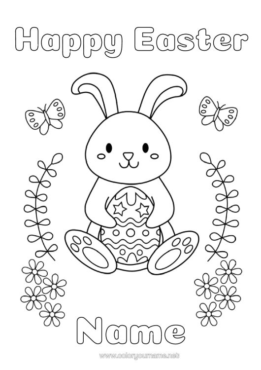Colouring page to print Flowers Rabbit Butterfly Easter Eggs Easter "Happy Easter" Message Insects Forest Animals