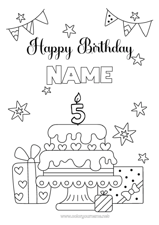 Coloring page to print Cake Heart Party Happy Birthday (English) Message Customizable age Birthday cake