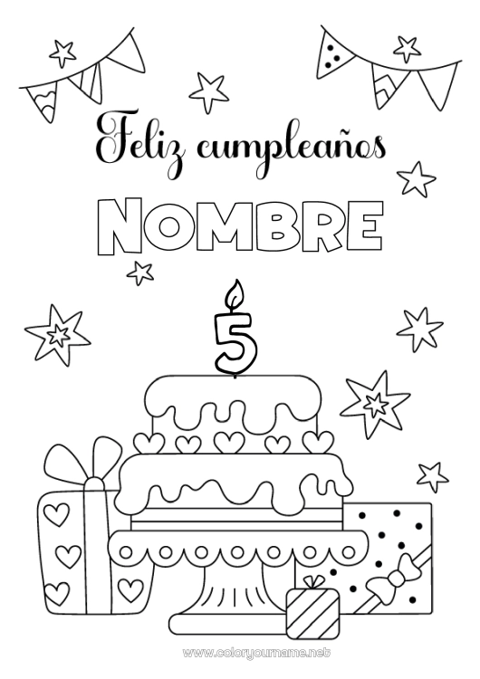 Dibujo para colorear para imprimir Tarta Corazón Fiesta Mensaje de feliz cumpleaños (inglés) Edad personalizable Pastel de cumpleaños
