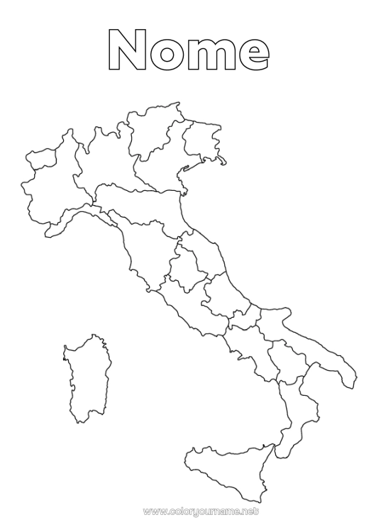 Pagina da colorare da stampare Geografia Italia Paesi Mappa dei paesi