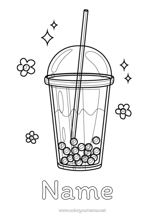 Colouring page to print Flowers Drink Bubble Tea Realistic