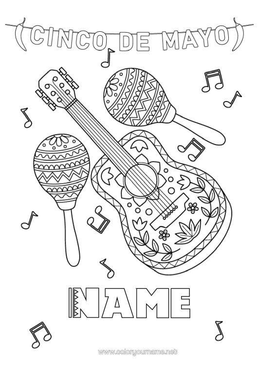 Colouring page to print Music Fifth Of May Music Day Guitar Maracas Musical Instruments