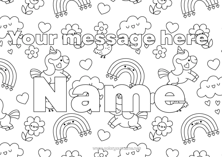Coloring page to print Flowers Kawaii Unicorn Animal Decorated name Rainbow Rain Dragons, unicorns and fantastic animals Cloud Decorative background