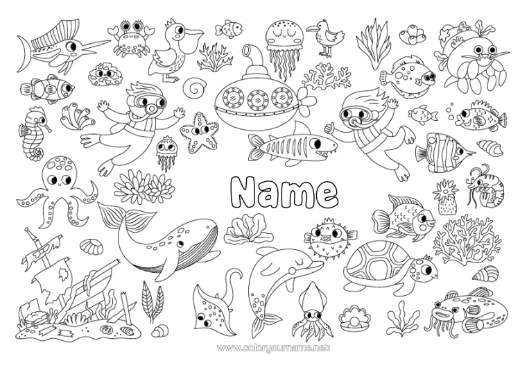 Colouring page to print Tortoise Sea Vehicles Animal Dolphin Boat Seahorse Crab Skate Marine Or Aquatic Animals Reptiles Birds And Flying Mammals Diving Submarine Marine Vehicles Seagull Water Sports Octopus Seabed